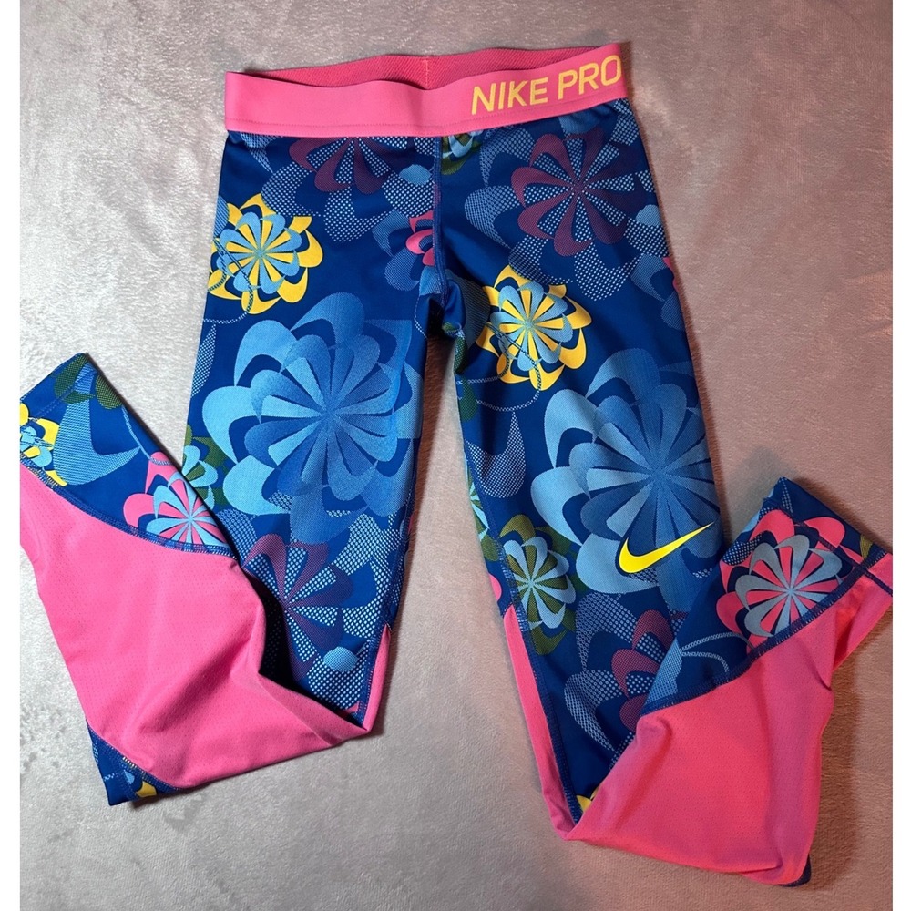 Nike Pro Dri-FIT Girls Medium Blue Pink Floral Athletic Leggings med girls